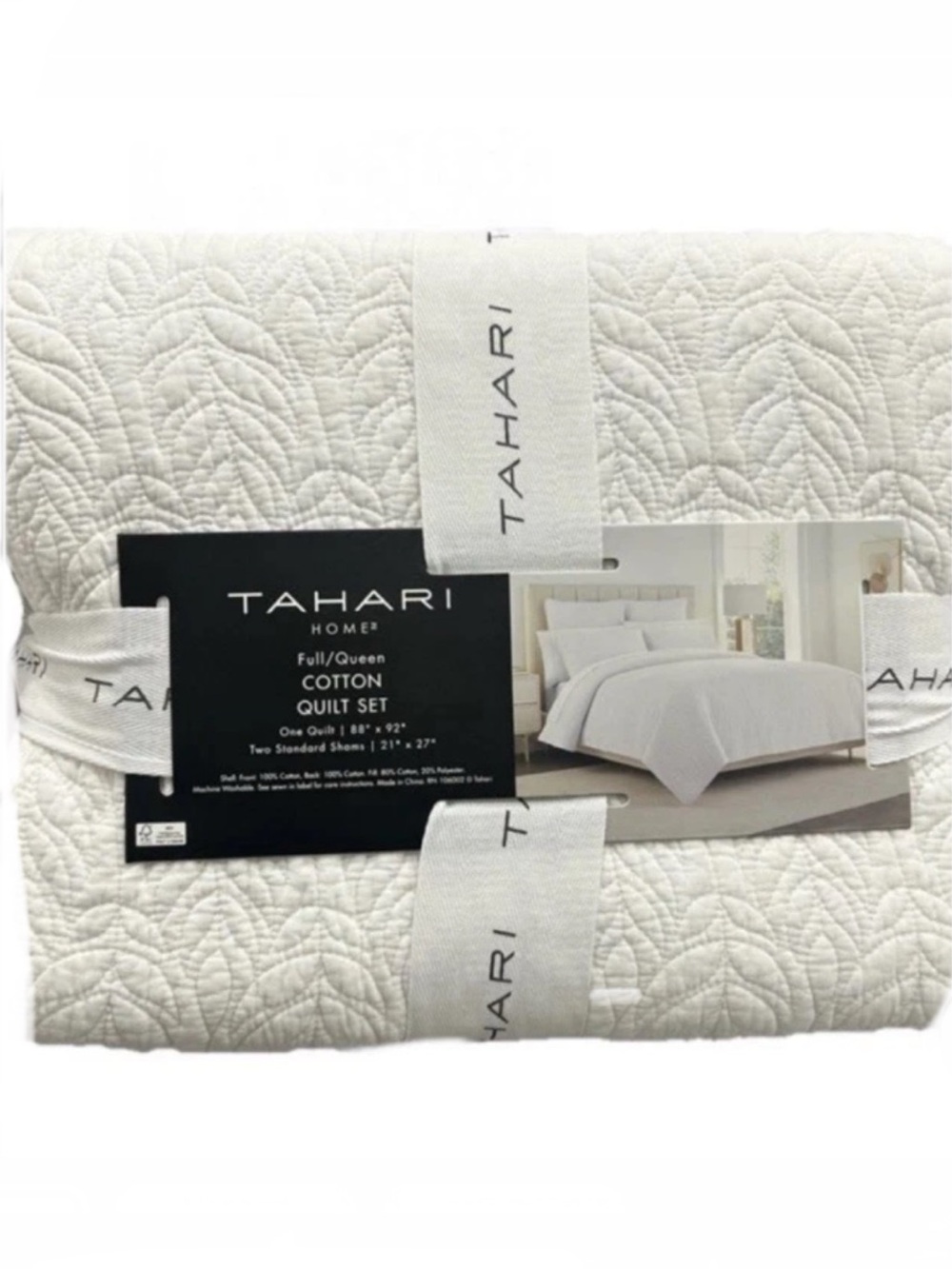Tahari Full/Queen White Cotton Quilt Set 88”x92”